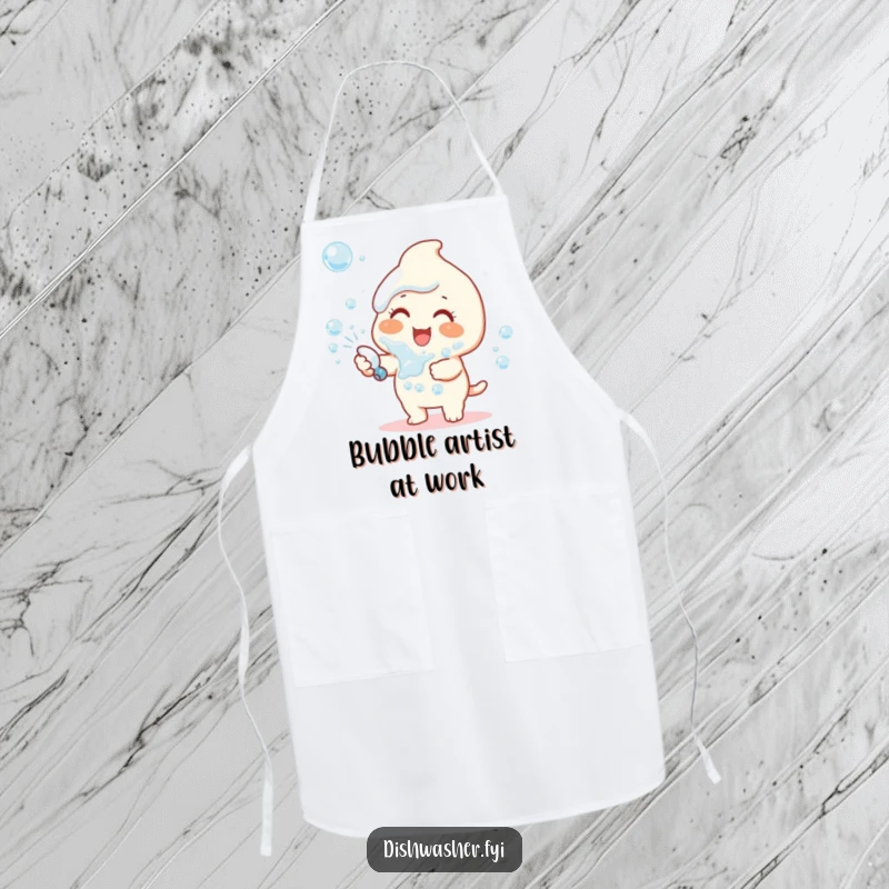 Funny apron depicts a happy character joyfully spraying a generous amount of dish soap bubbles, a symbol of clean fun.