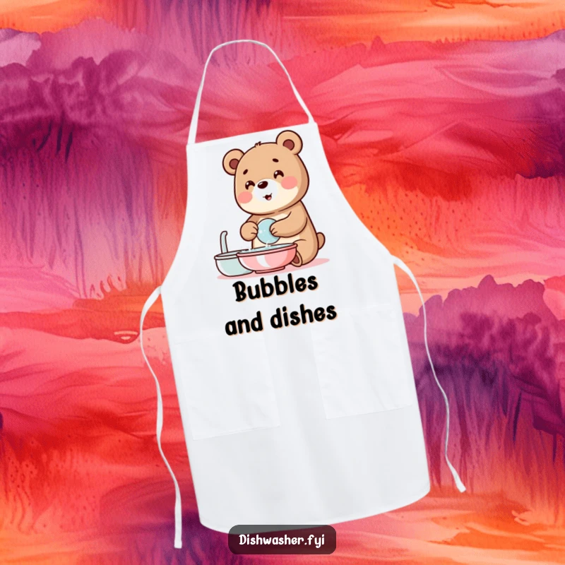 Funny bear apron with a cheerful bear character washing dishes surrounded by bubbles, ideal for kitchen fun and protection.