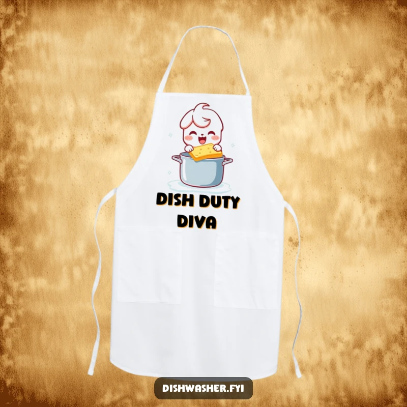 Funny apron with a character gleefully scrubbing a pot with a bubbly sponge, adding humor to cooking and kitchen activities.