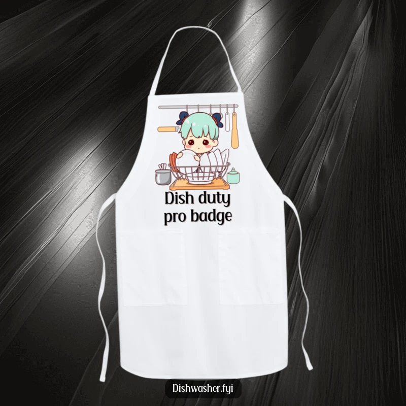 Funny apron depicts a determined character precisely arranging dishes in a drying rack, a humorous nod to kitchen discipline.