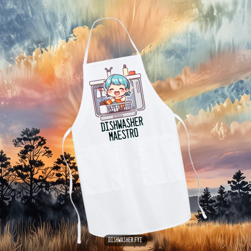 Funny apron featuring a cheerful character singing vibrantly while loading a dishwasher, adding humor and protection to cooking.