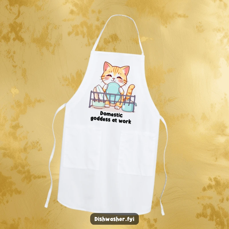 Funny cat apron, showing a cute cat organizing clean dishes in a rack, humorous kitchen wear for aspiring feline chefs.