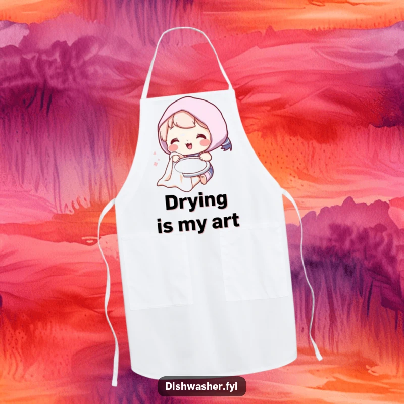Funny apron featuring a playful character humorously drying a plate, ideal for adding laughs to any cooking session.