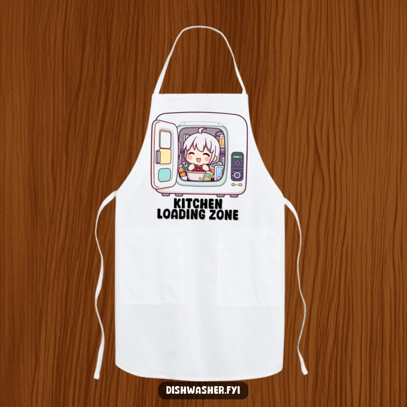 Funny apron featuring a character enthusiastically loading items into a compact appliance, ideal for kitchen tasks with a humorous twist.