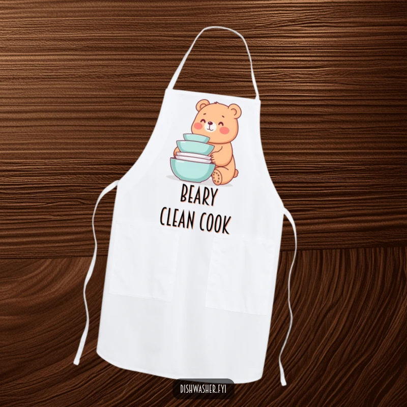 Funny apron with a whimsical bear smiling at a neat stack of freshly washed dishes, bringing humorous joy to kitchen duties.