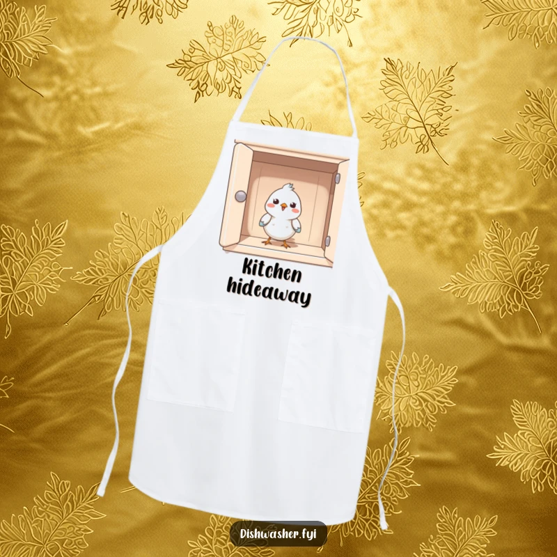 Funny apron with a happy bird peeking from a clean cupboard, ideal for cooks who appreciate charm and a humorous approach to tidiness.