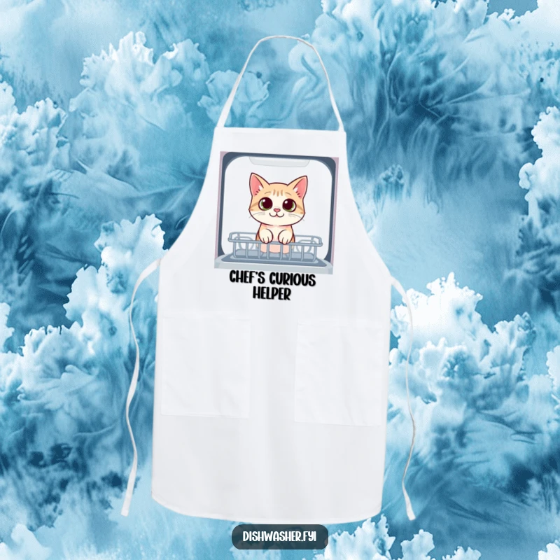 Funny chef apron with a curious cat peeking into the dishwasher with wide eyes, adding a touch of humorous observation to kitchen activities.