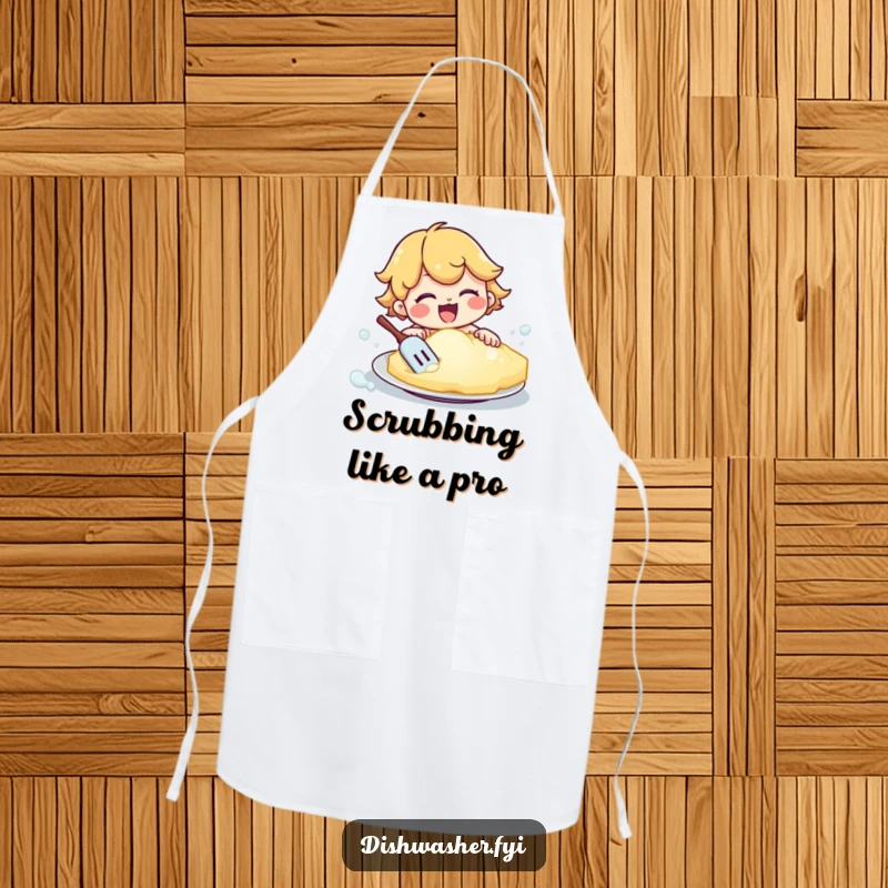 Funny apron featuring a happy character vigorously scrubbing a plate with a large, bubbly sponge. Ideal for cooking or cleaning with a humorous flair.