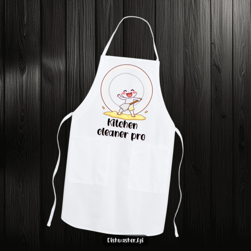 Funny apron with a cheerful character scrubbing a giant plate with gusto, ideal for kitchen use and adding humorous flair.