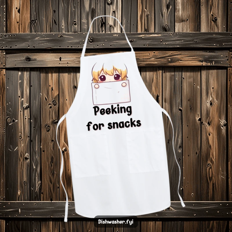 Funny curious character peeking from behind a clean napkin on a kitchen apron, adding a playful element to cooking.