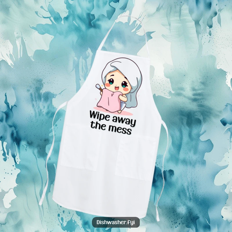 Funny apron with a beaming character happily drying dishes with a fluffy towel, ideal for cheerful kitchen tasks.