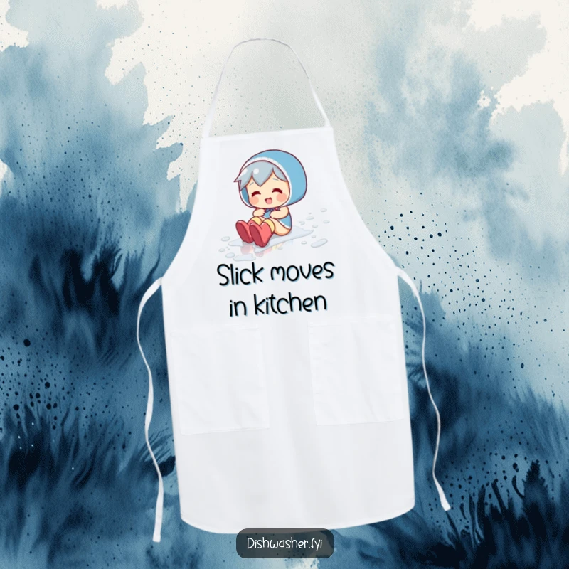 Funny apron depicts a playful character sliding energetically across a wet floor, wearing rubber boots with a mischievous grin.