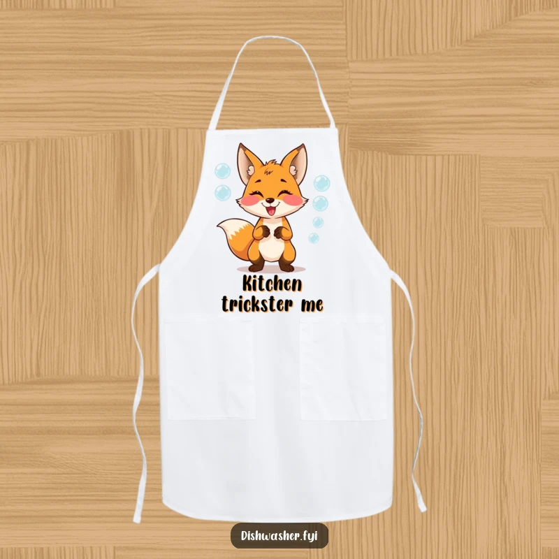Funny Apron decorated with a mischievous fox character gleefully juggling soap bubbles, perfect for adding humor and playfulness to kitchen tasks.