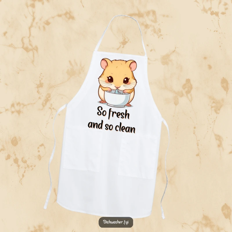 Funny apron with a hamster showing extreme focus on drying a small bowl, ideal for chefs who love cleanliness and a good laugh.
