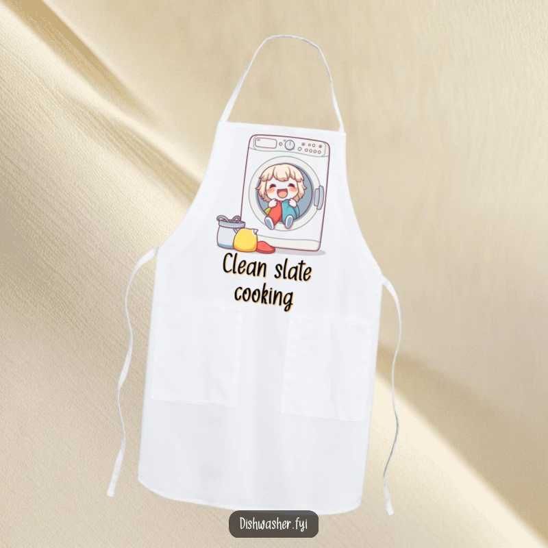 Funny spirited character joyfully loading laundry into a washing machine while wearing a kitchen apron.