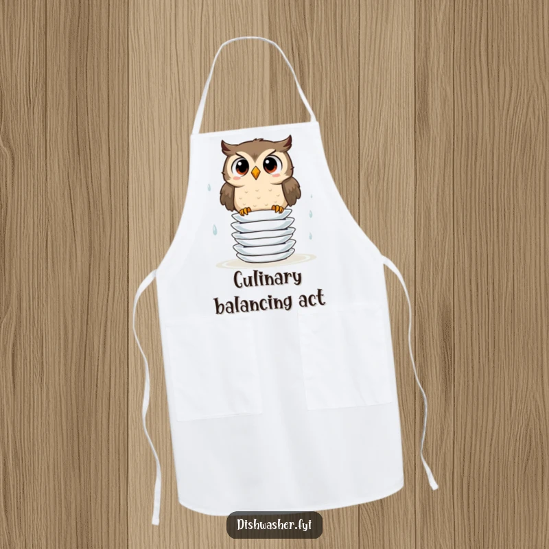 Funny apron showing a surprised owl attempting to stack wet plates, perfect for kitchen protection and humorous cooking.