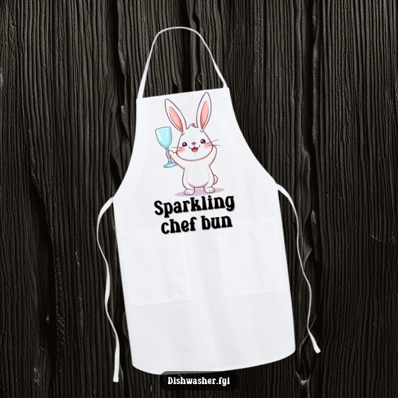 Funny apron with a perky rabbit holding a sparkling clean glass, bringing humorous cheer to kitchen duties.
