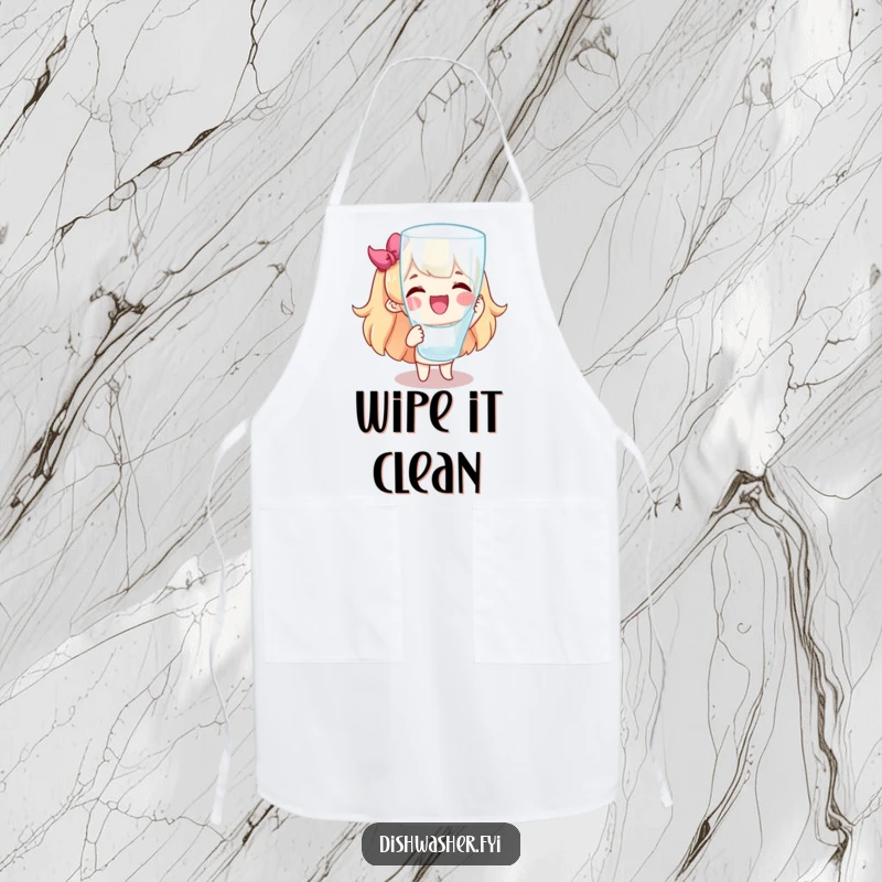 Funny apron showing a cheerful character proudly holding a perfectly clean, gleaming glass. Practical and humorous kitchen wear.