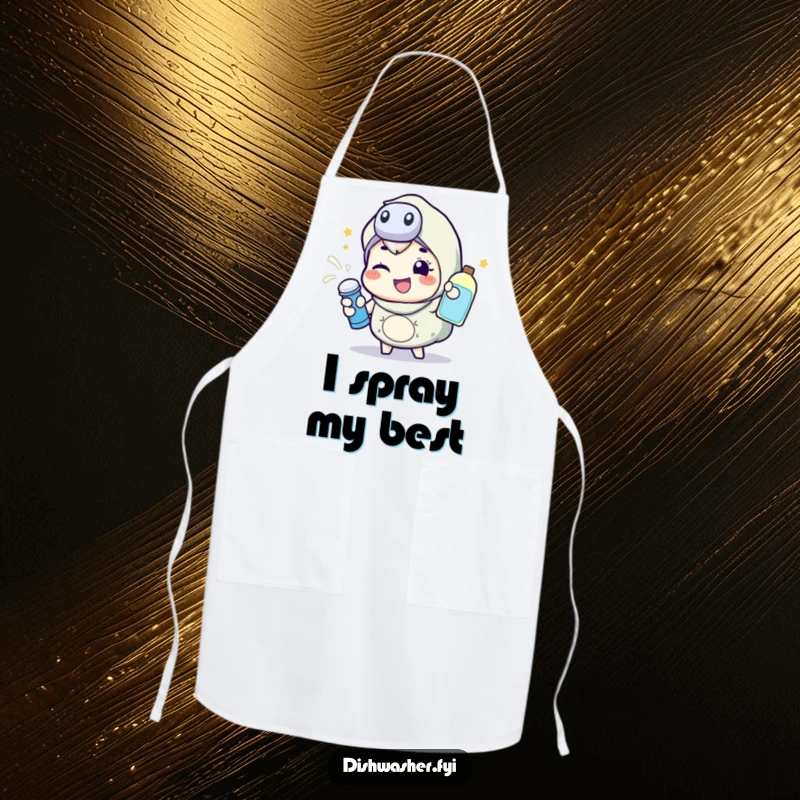Funny apron showcasing a happy character energetically spraying cleaning liquid with a wink, perfect for kitchen protection with a humorous touch.