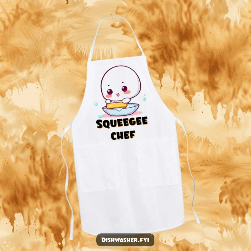 Funny apron showing a playful character using a squeegee to make a dish gleam, adding humor and protection to cooking.