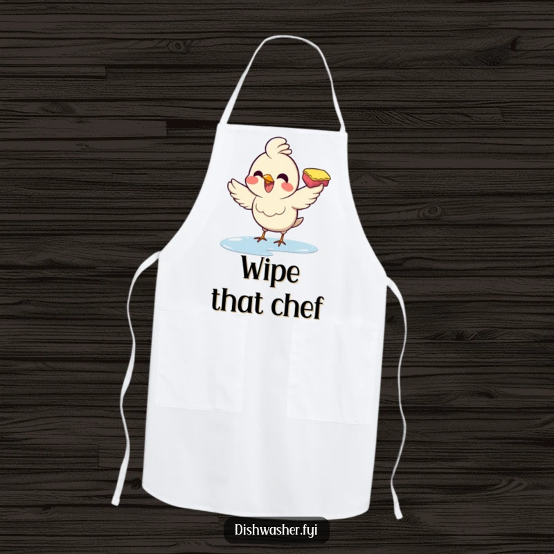 Funny apron with a joyful bird enthusiastically wiping a surface with a sponge, bringing humorous energy to kitchen duties.