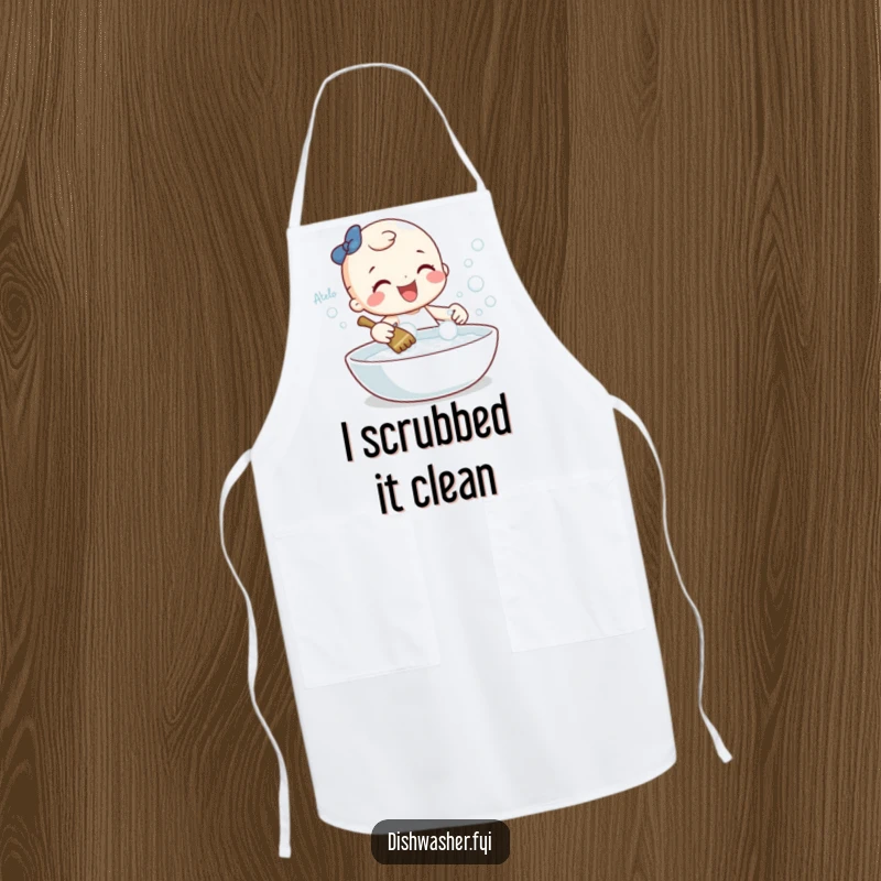 Funny apron showcasing a cheerful character gleefully scrubbing a sparkling dish with bubbles, perfect for kitchen protection with a humorous touch.