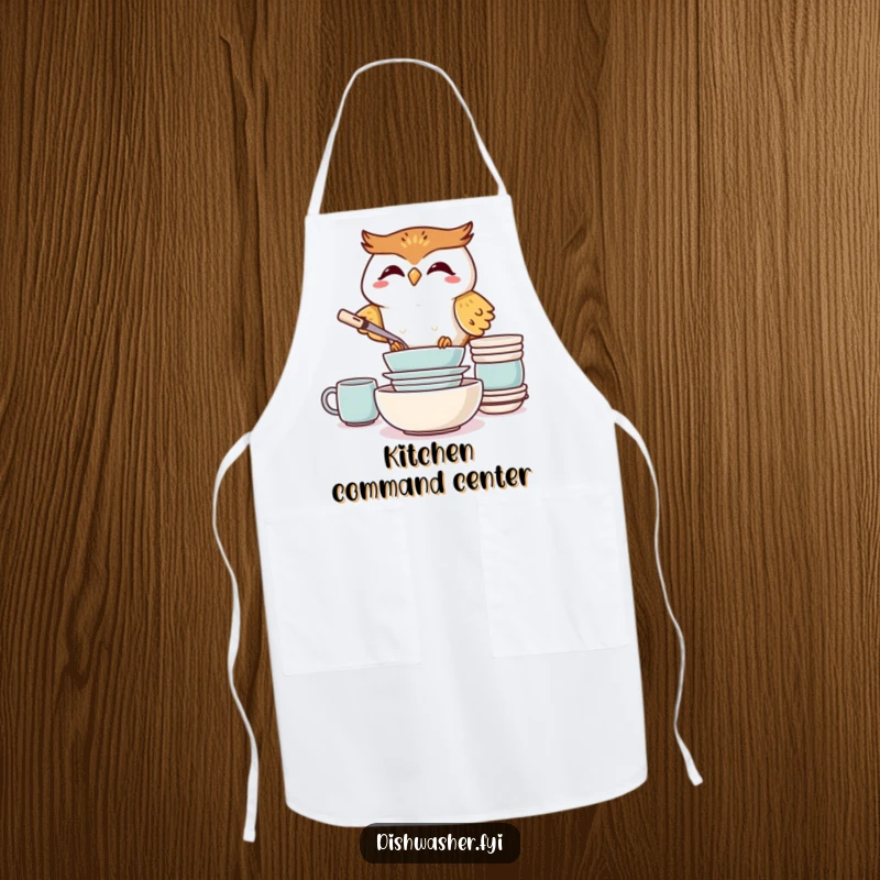 Funny Giggling Owl Apron, depicting a joyful owl precisely stacking clean dishes, ideal for cooking and kitchen humor.