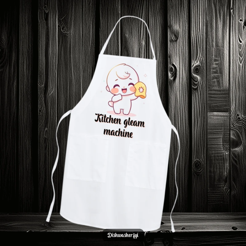 Funny apron with a delighted character dedicated to polishing a drinking glass, adding humor to kitchen tasks.