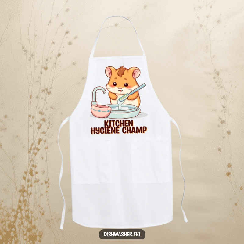 Funny apron showing a hamster equipped with a tiny toothbrush, ready to tackle kitchen messes with comical dedication.