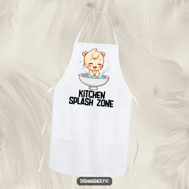 Funny apron featuring a giggling character playfully splashing water from a sink. Ideal for kitchen tasks or cleaning with a humorous touch.