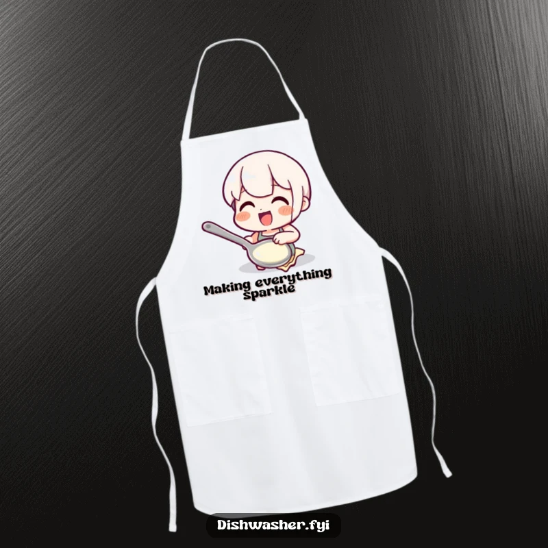 Funny polishing spoon apron featuring a character polishing a spoon to a shine, perfect for adding a humorous and clean touch to kitchen activities.