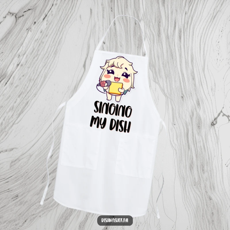 Funny Sponge Chef Apron showcasing a giggling character with a sponge microphone, perfect for cooking with hilarious karaoke humor.