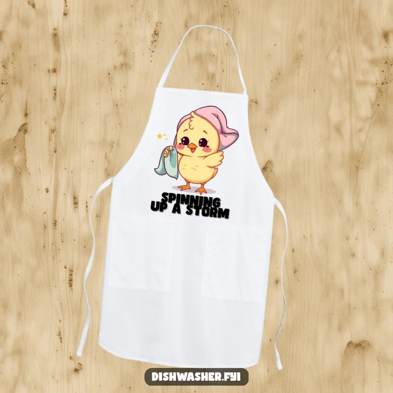 Funny chef apron with a playful chick character spinning a drying towel around its finger, adding a touch of cute humor to kitchen activities.