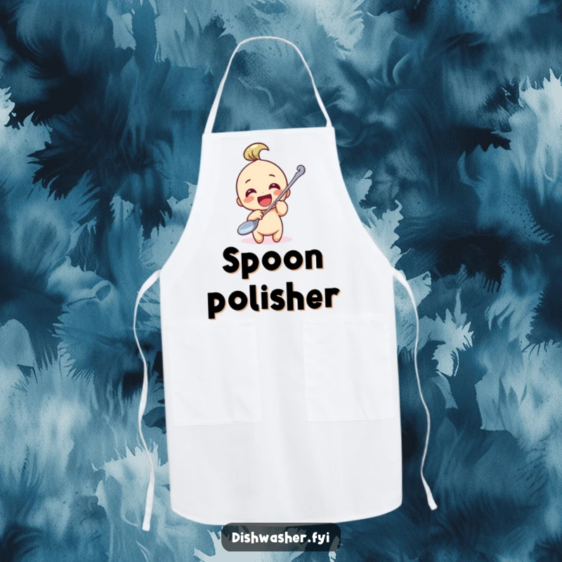 Funny Apron: A playful character obsessively polishing a large spoon, ideal for keeping clothes clean and spirits high during cooking.