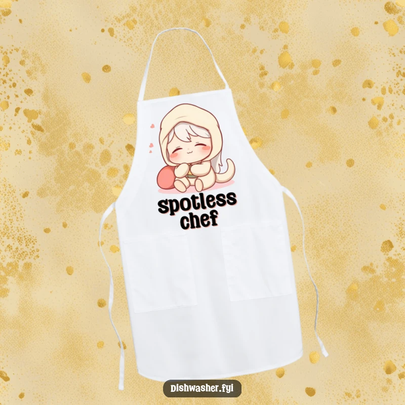 Funny apron showing a content character relaxing with a satisfied sigh after a perfectly spotless job, for kitchen humor.