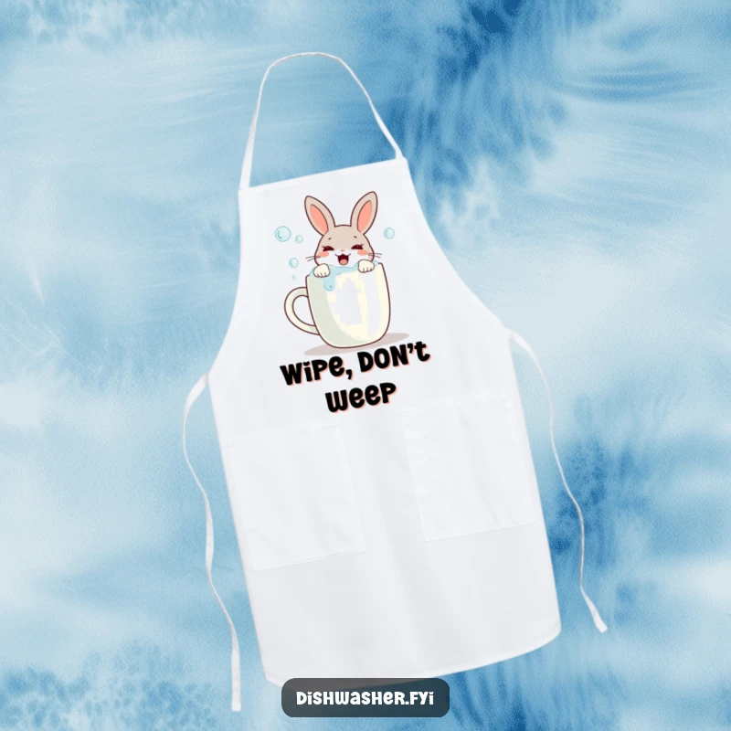 Funny kitchen apron with a joyful rabbit scrubbing bubbles off a mug, designed for cooks who appreciate cleanliness and humor.