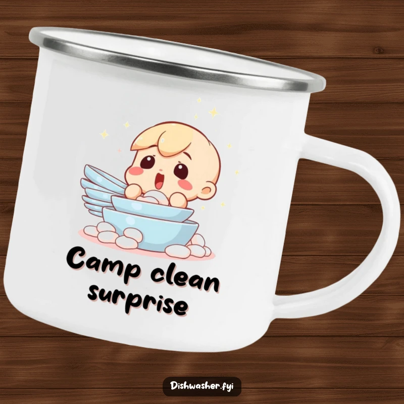 Funny camping mug with a surprised character looking at a sparkling clean pile of dishes. Ideal for outdoor enthusiasts who appreciate humor and tidiness.