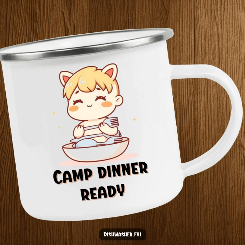 Funny camping mug featuring a content character neatly stacking clean cutlery outdoors. Durable and humorous drinkware.