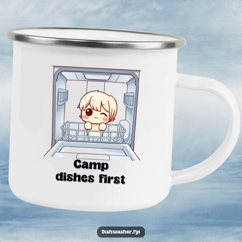 Funny Camping Mug: A character curiously investigating an empty dishwasher, providing amusement and conversation starters for outdoor excursions.