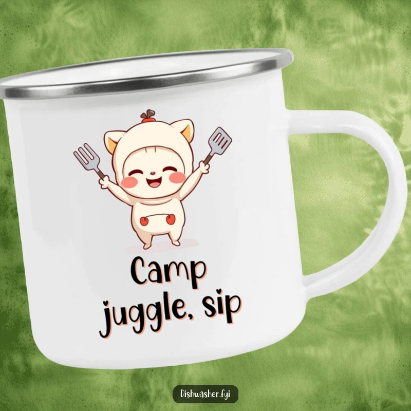 Funny camping mug showing a mischievous character grinning while juggling kitchen utensils, perfect for outdoor enjoyment.