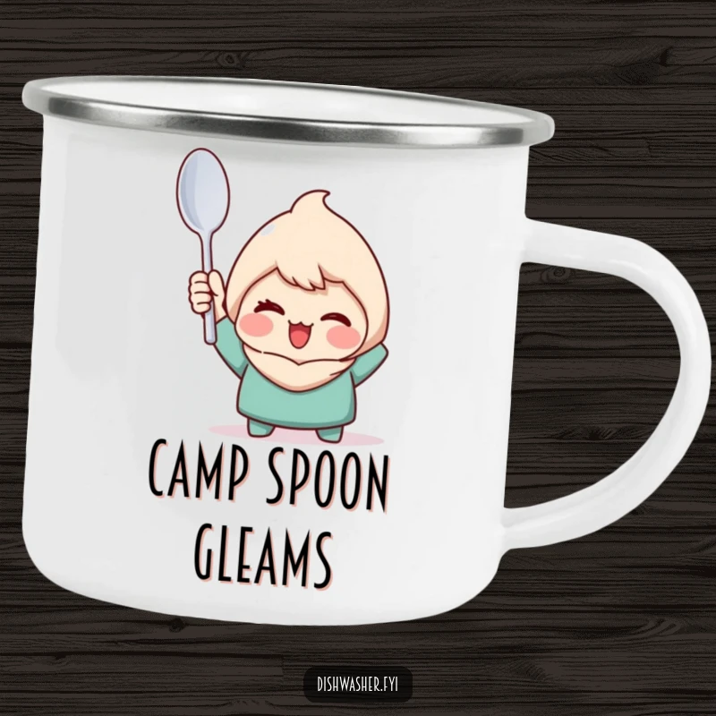 Funny camping mug showing a character triumphantly holding a perfectly clean spoon with a wink, perfect for outdoor celebration.