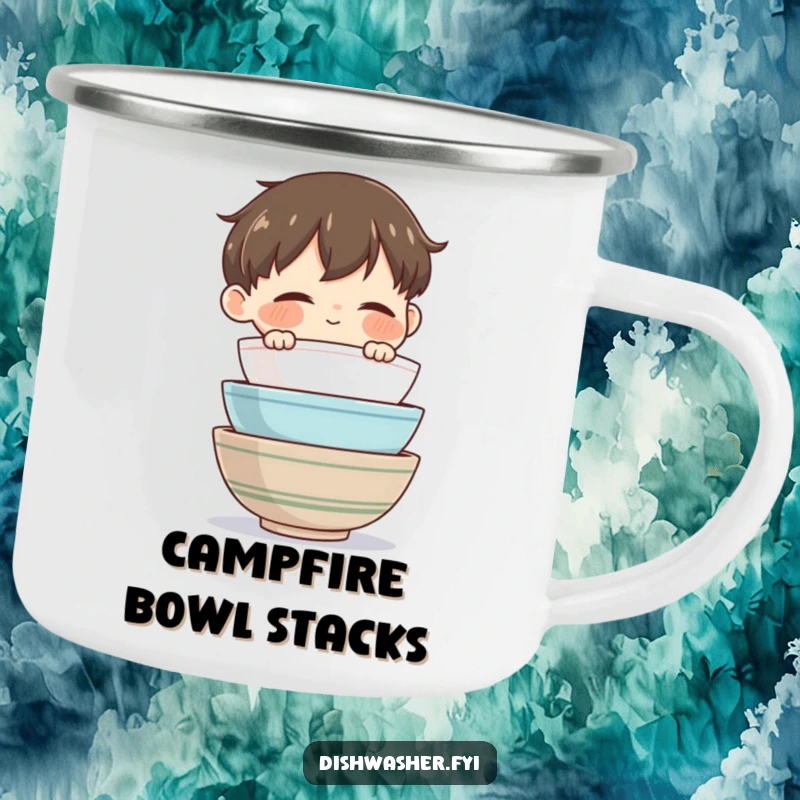 Funny Bowl Master Camping Mug with a character admiring clean bowls, perfect for drinks and bringing domestic humor outdoors.