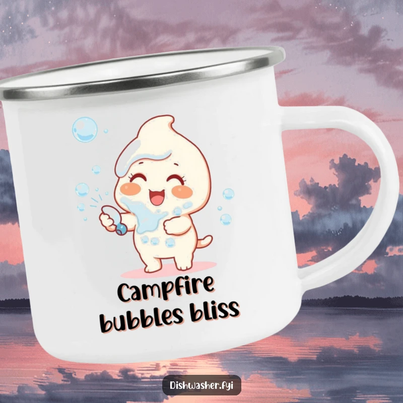 Funny camping mug shows a happy character gleefully spraying dish soap bubbles, adding a touch of joy to the wilderness.