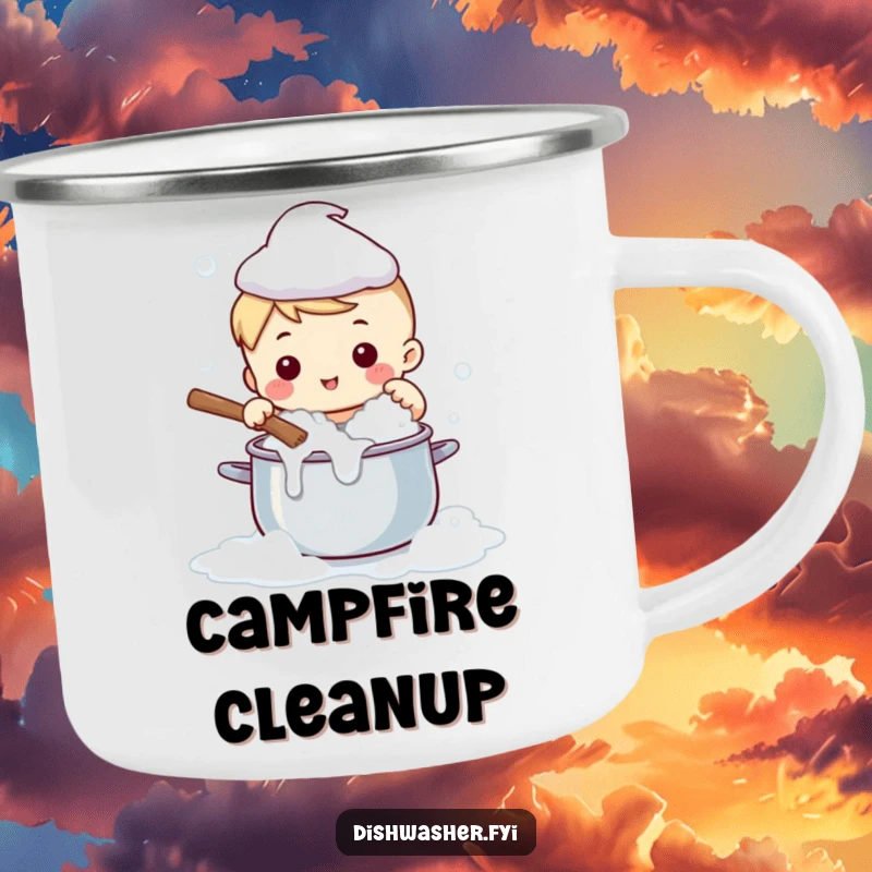 Funny camping mug with a cute character happily scrubbing a pot with bubbles, perfect for outdoor humor.