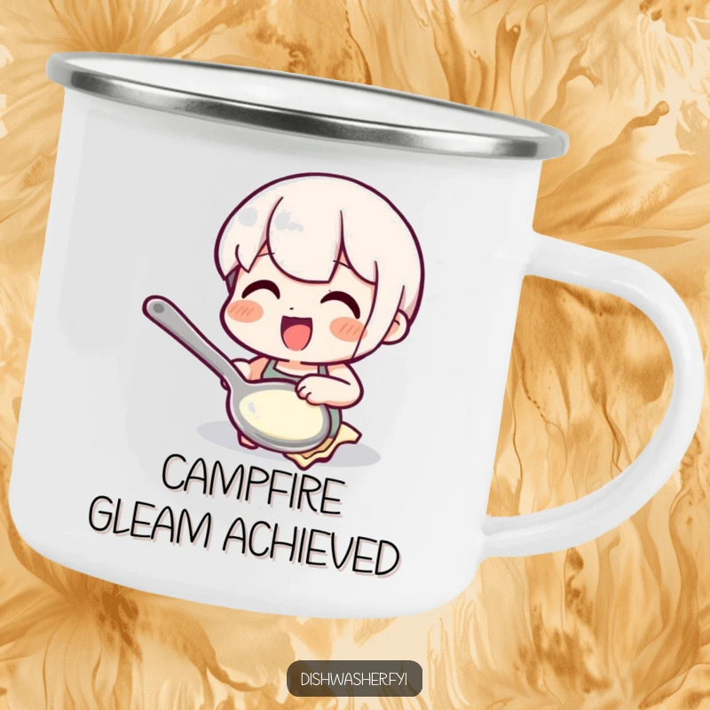 Funny polishing spoon camping mug featuring a character polishing a spoon, perfect for enjoying drinks outdoors with a touch of humorous tidiness.