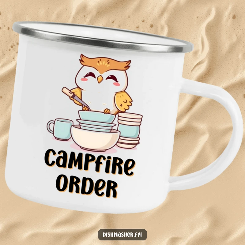 Funny Giggling Owl Camping Mug, illustrating a joyful owl precisely stacking clean dishes, perfect for outdoor humor.