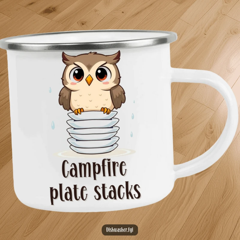 Funny camping mug with a surprised owl attempting to stack wet plates, ideal for outdoor enthusiasts seeking humor.