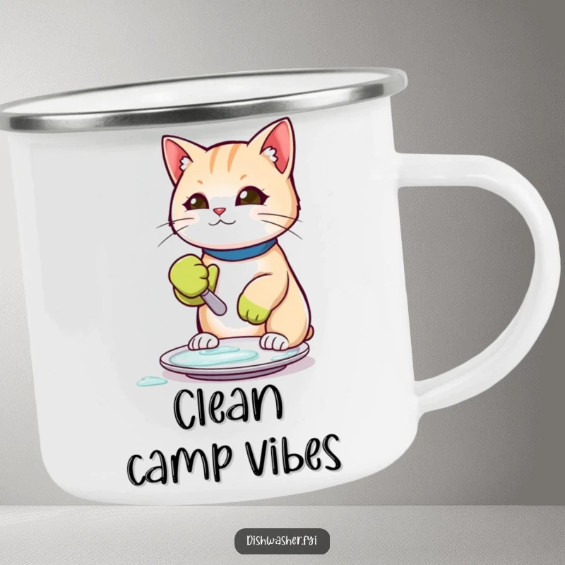 Funny camping mug showing a determined cat in a rubber glove scrubbing a plate, bringing humorous cleanliness to outdoor brews.