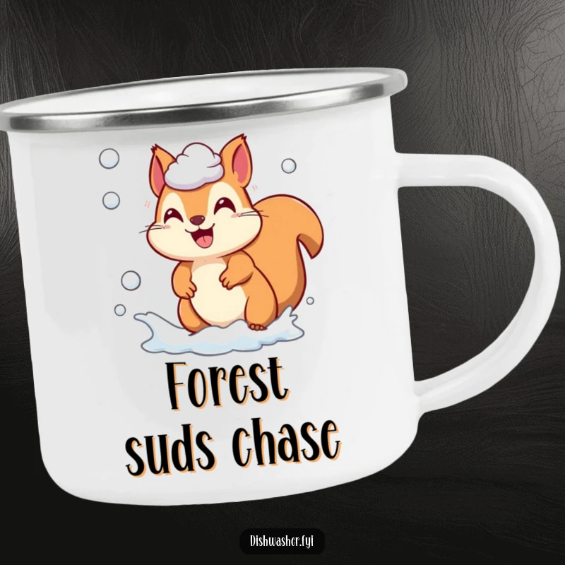 Funny playful squirrel character chasing soap suds on a rugged camping mug, perfect for outdoor fun and humor, great funny gift.