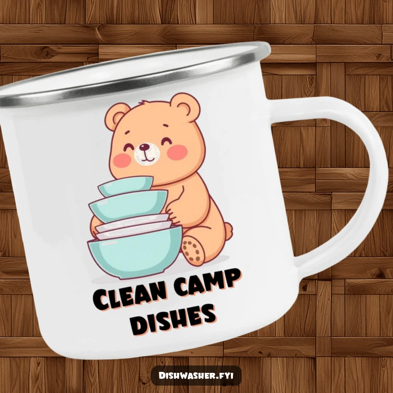Funny camping mug showing a whimsical bear smiling at a neat stack of freshly washed dishes, bringing humorous cheer to outdoor drinks.